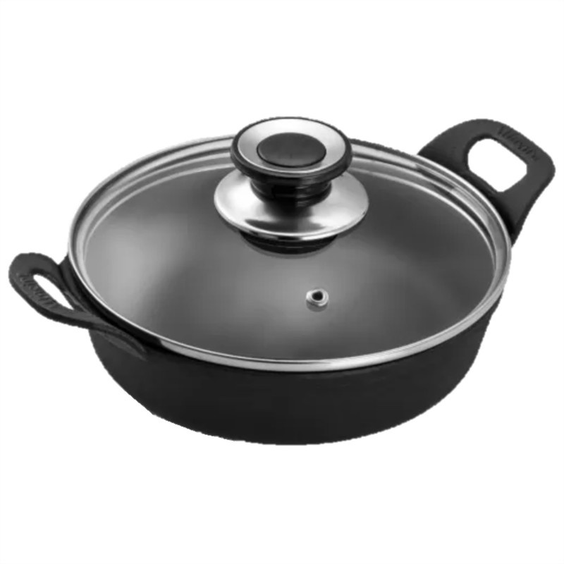 Travessa Em Ferro Fundido 900ml Com Tampa De Vidro Panela Mineira Redonda Estilo 18cm