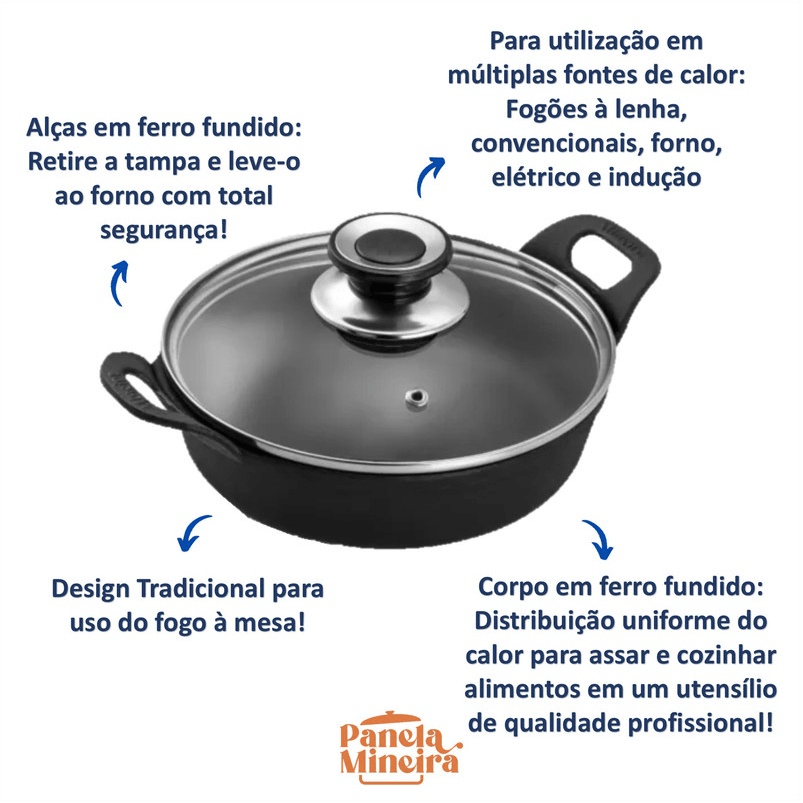 Travessa Em Ferro Fundido 900ml Com Tampa De Vidro Panela Mineira Redonda Estilo 18cm