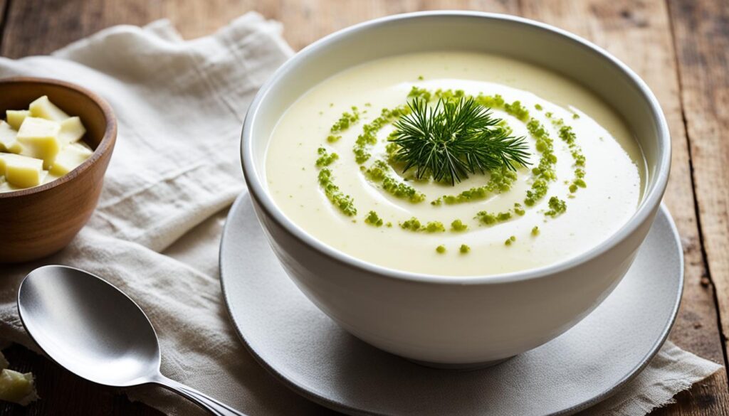 Vichyssoise de Alho-Poró e Batata com Creme de Cebolinha